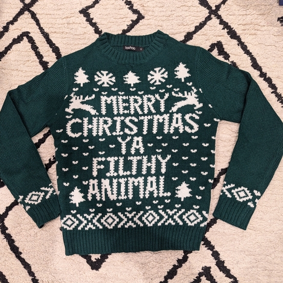Boohoo Holiday Sweater Merry Christmas Ya Filthy Animal Green Size Small - Picture 1 of 4